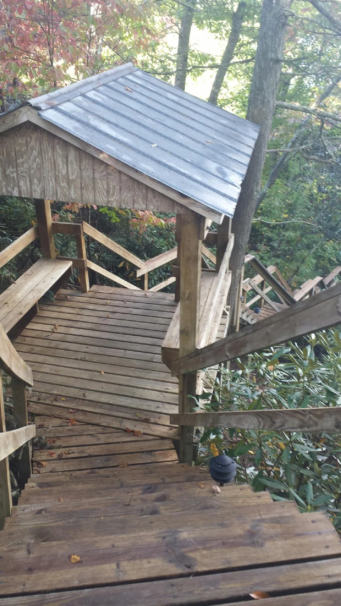 Metal roofed shelter over wooden steps on a wooded walkway — Skylight Repair & Installation work by our crew in Browning